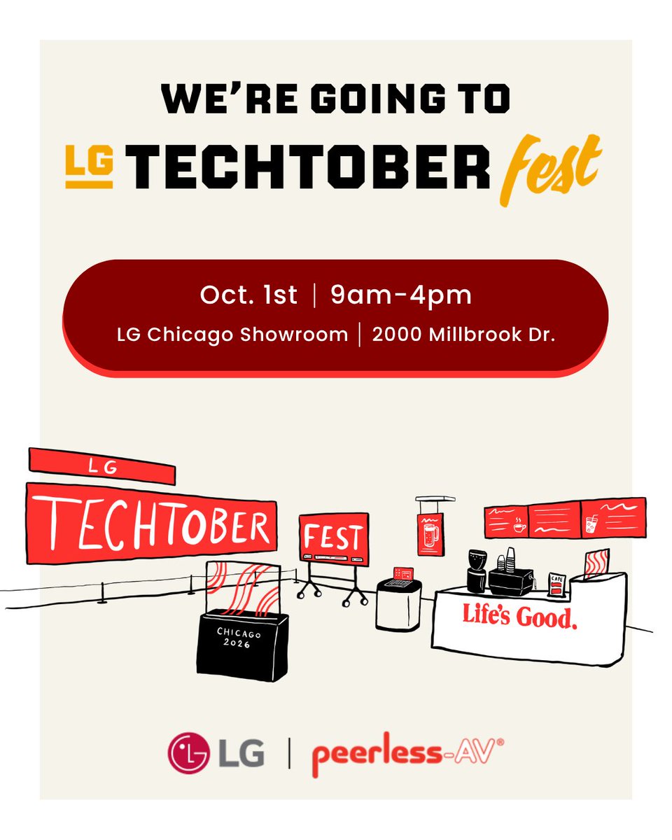 PeerlessAV's tweet photo. The LG TechTober Fest event is right around the corner on October 1! We hope to see you there, and we can't wait to be part of a day full of new tech, connections, and industry insights!

Register today: https://t.co/jcJmTtW0oP

#AVTweeps #proAV #digitalsignage https://t.co/67DN00LzaA
