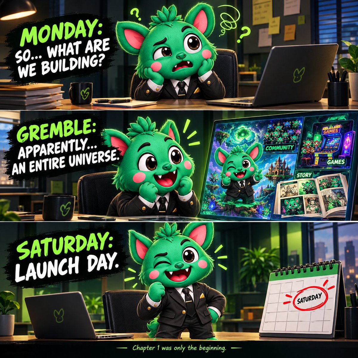 Willd365's tweet photo. Started with a character.
Built a world.
Built a community.
Now Saturday adds another chapter. ๐๐ข
Gremble launches Saturday.
Whoโs gonna be here for the beginning? ๐ธ @GrembleCoin #Gremble https://t.co/QvbW8GimRO