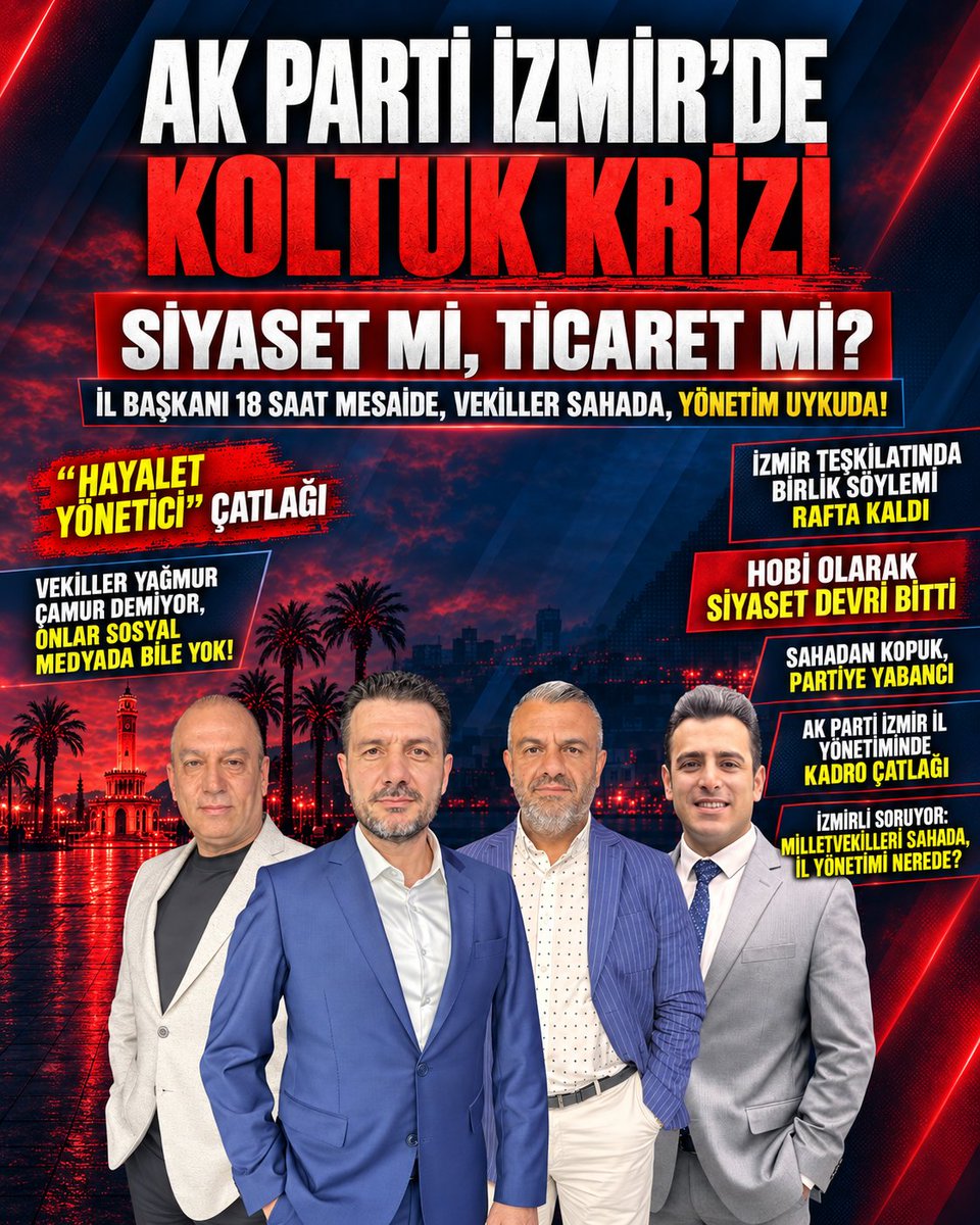 time35medya's tweet photo. AK Parti İl Başkanı ve Milletvekilleri Sahada Koştururken İl Yönetimi Nerede?

AK Parti İzmir il teşkilatındaki uyumsuzluk ve saha eksikliği parti kulislerini hareketlendirdi. İl Başkanlığı ve milletvekillerinin yoğun saha performansına karşın, il yönetim kurulundaki birçok ismin çalışmalara katılmaması, parti içi birliktelik tartışmalarını yeniden alevlendirdi.

https://t.co/mqLi8IkwiF