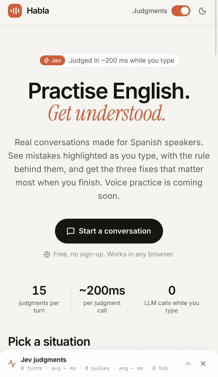 lalejo28's tweet photo. Aproveché lo rápido que responde Jev de @typesafeai y armé una mini app para practicar inglés en situaciones cotidianas.

Te corrige mientras escribís: le hace preguntas a Jev sobre tu frase y en ~200 ms te marca el error y la regla

Les dejo el link 

https://t.co/UXM5CuzD81 https://t.co/kJtaSVtw67