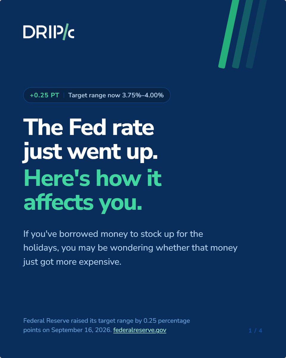 DripCapital_Inc's tweet photo. If you’ve already borrowed to buy holiday inventory, yesterday’s Fed announcement raises a fair question: is your next bill going up?

On September 16, the Fed raised its benchmark rate by a quarter of a percentage point. Whether that reaches your business, and when, depends on your financing agreement.

To put the size of the change in perspective, a matching increase on a $500,000 balance held for a full year would add $1,250 in interest. That’s an illustration; your actual cost depends on your balance and terms.

Before changing your purchasing plans, it’s worth asking your lender what this means in dollars. We’ve broken down what to check in the slides.

Source: Federal Reserve, September 16 announcement.
https://t.co/TZeil50rO5