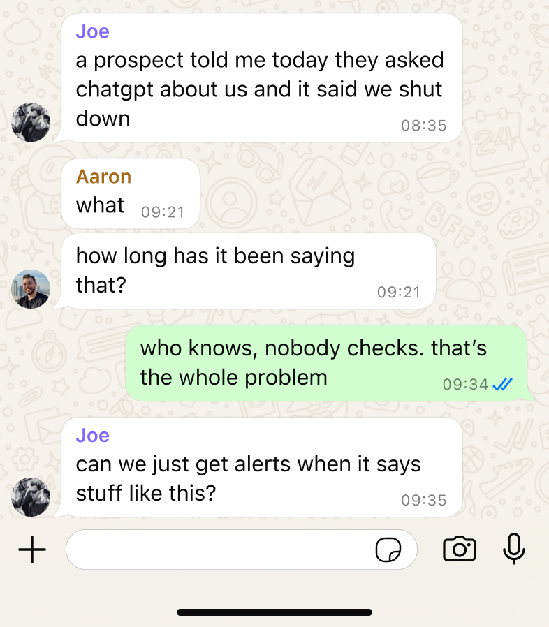 deniz_o_'s tweet photo. A prospect asked ChatGPT about you. It said you shut down. The only reason you know is that this one told you.

Most don't. They just don't book the call.

Cognizo asks these questions every day and shows you where the answer came from. https://t.co/kJmFcTpFTA