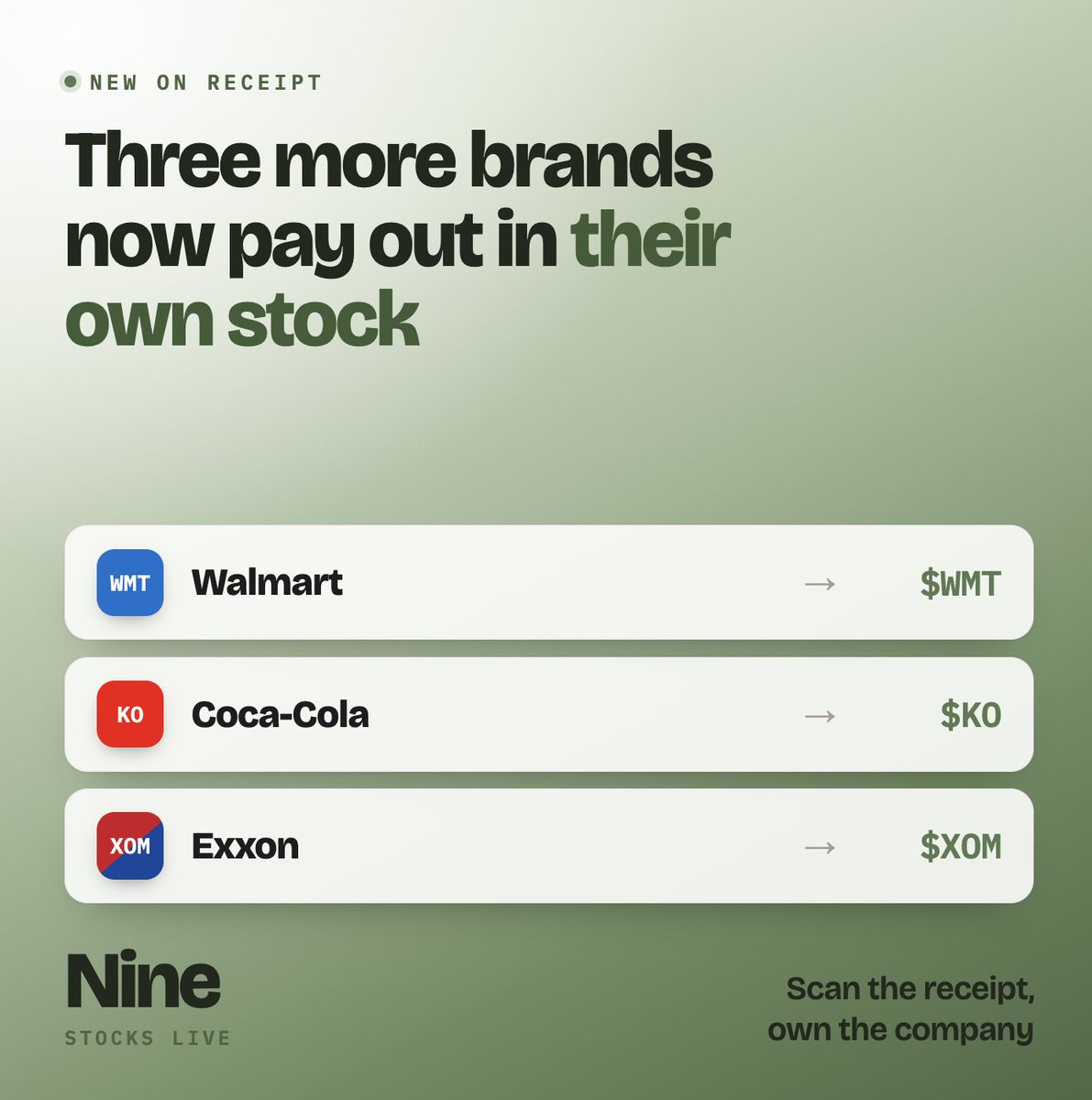 receiptfamily's tweet photo. Three more brands now pay out in their own stock:

🛒 Walmart → $WMT 
⛽️ Exxon → $XOM 
🥤Coca Cola → $KO  

Nine stocks live

Scan the receipt, own the company https://t.co/gRTdWFwtwN