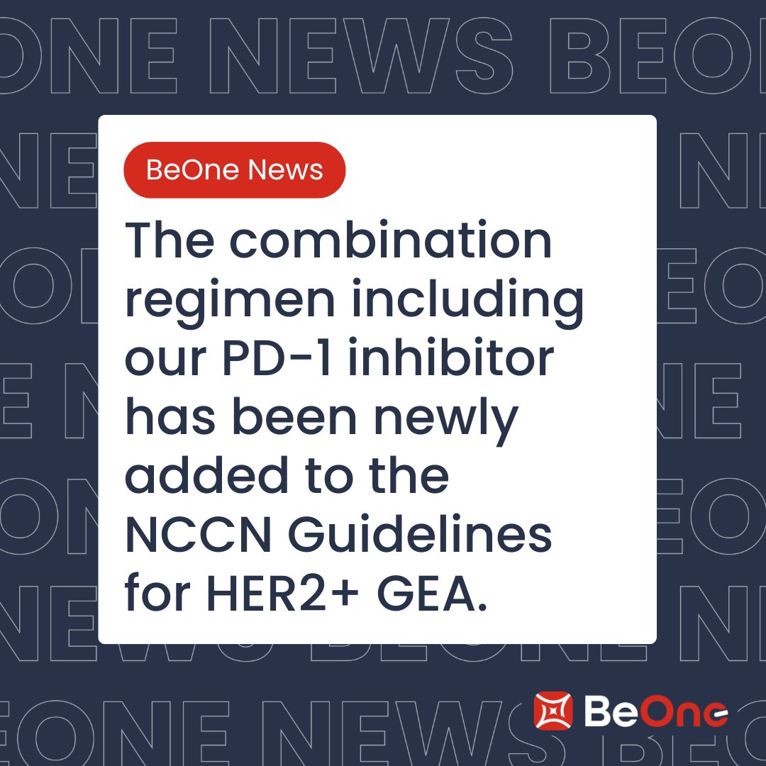 BeOneMedicines's tweet photo. The regimen including our PD-1 inhibitor in combination with a HER2-targeting bispecific antibody plus chemotherapy has been included in the latest NCCN Clinical Practice Guidelines in Oncology (NCCN Guidelines®)  for Esophageal and Esophagogastric Junction Cancers and for Gastric Cancer as the only preferred immunotherapy-containing treatment option recommended for patients with first line unresectable locally advanced, recurrent, or metastatic HER2-positive gastroesophageal adenocarcinoma (GEA), regardless of PD-L1 status.

NCCN Guidelines play an important role in informing treatment decisions across the oncology ecosystem, making this a significant milestone for patients living with HER2+ GEA, providers, and our company.

Learn more: https://t.co/6OTA2XNC9r

#BeOneAgainstCancer #NCCN