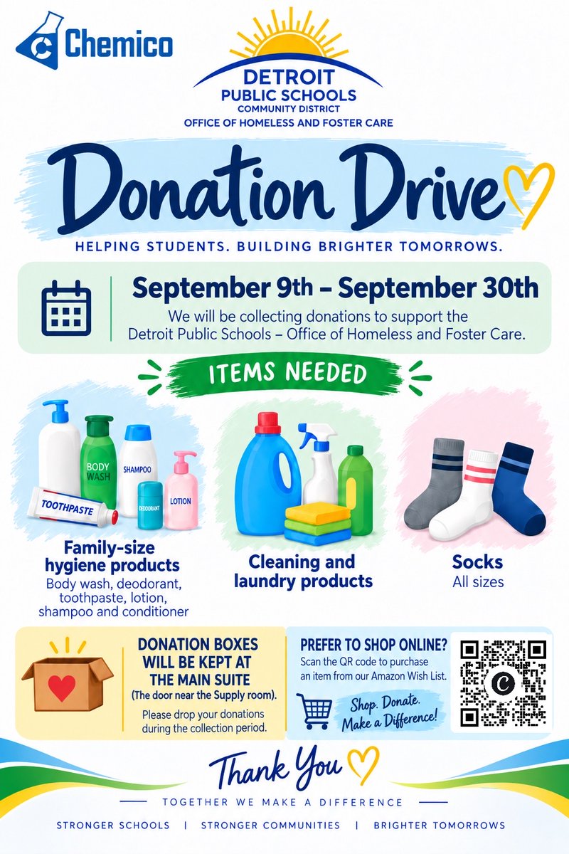 TheChemicoGroup's tweet photo. Help Chemico make a difference!

We’re collecting family-size hygiene products, cleaning, laundry supplies, and socks of all sizes to support students and families in need.

Together, we can support students and build brighter tomorrows.

#Chemico #DPS #CommunityImpact https://t.co/mOuqVxgH6Y