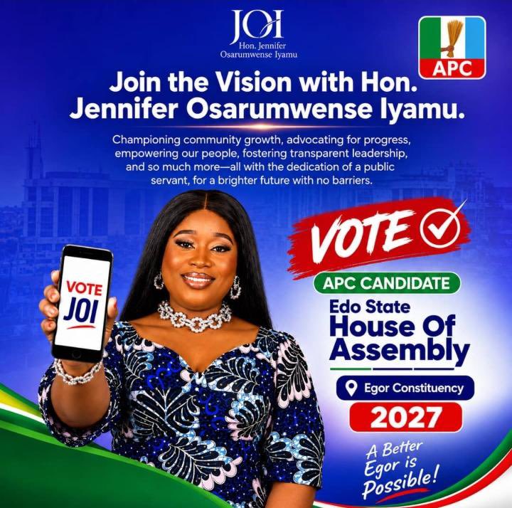 ighegueGodqaxy's tweet photo. HON. JENNIFER IYAMU: A STRONGER VOICE FOR EGOR

Hon. Jennifer Osarumwense Iyamu, APC candidate for Egor Constituency 2027, is championing people-focused, accessible and accountable representation.

JOI: Purposeful Representation. People First.

#JenniferIyamu #JOI #Egor2027 https://t.co/w37dMkzBHB