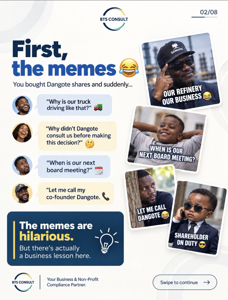 BtsConsult's tweet photo. So you bought Dangote Refinery shares and suddenly it’s “our refinery.” 😂

Fair enough.

But what does being a shareholder actually mean? And does owning shares make you a director?

We broke it down simply. 👇

#BTSConsult #DangoteRefinery https://t.co/8XHs7K6Uax