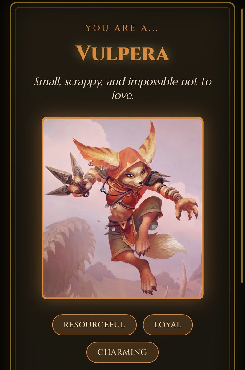 Sylvariae's tweet photo. New world of warcraft quiz just dropped 

“What WoW race are you?” 

I got Vulpera…. 😭

(Quiz link below) https://t.co/wIzq1ihUSY