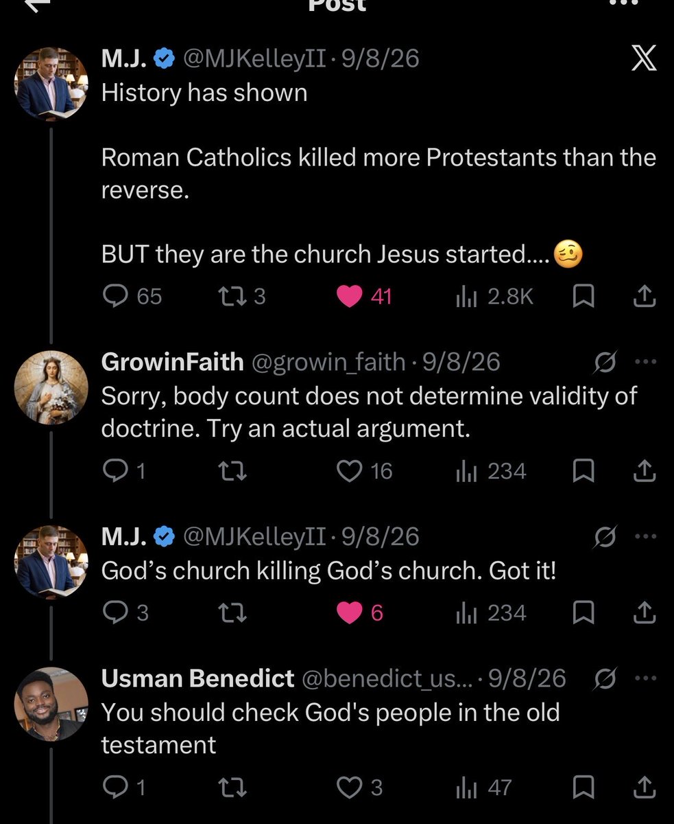 BugoniaPeters's tweet photo. @benedict_usman @MJKelleyII @growin_faith Incorrect, this whole thing began because you were justifying the church murdering protestants by saying “well look at the OT” for precedence. https://t.co/UtmE4TfGfP