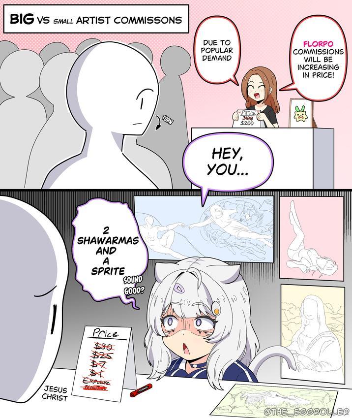 DianaGraphics01's tweet photo. IG na artists: Due to popular demand, prices are going up. 💸
Small artists: Two shawarmas and a Sprite?😭🎨
#ArtistLife #ArtCommissions #SmallArtist #BigArtist #CommissionArtist #DigitalArtist #ArtistProblems #SupportSmallArtists #ArtCommunity #FreelanceArtist https://t.co/VcVbPrmuF1