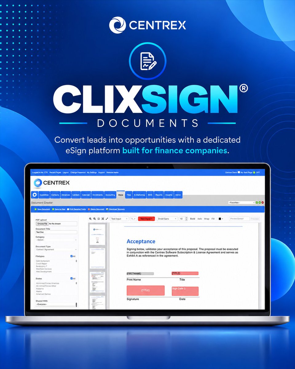 CentrexSoftware's tweet photo. Get documents signed faster with ClixSign® ✍️

Built directly into the Centrex ecosystem, ClixSign® Documents gives #fintech companies dedicated eSign technology designed to help move leads forward while keeping important documents organized and secure.

https://t.co/mYP2Oejrtp https://t.co/hGgLPxA8nV