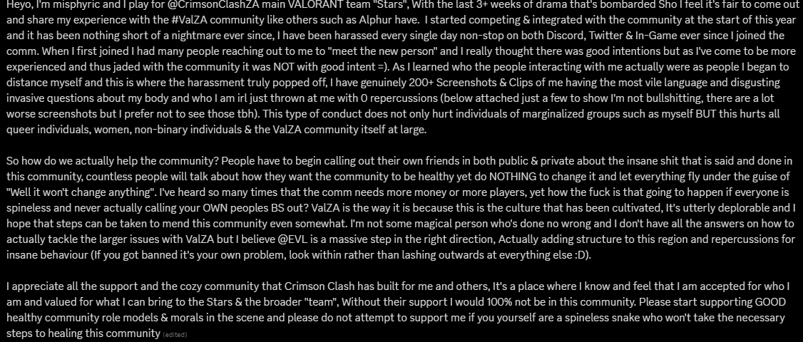 misphyric's tweet photo. Decided to weigh in on the #ValZA drama, big thanks to Crimson for the home they've built. @CRMN_sho @MeBoozHee @CrimsonClashZA @Arcatron01 @Millksii_ @Ruzentelle @NiJinxed ily all <3, Shout out @xAlphur5 for not letting herself be pushed around and posting her stuff like a sigma https://t.co/RVk12swP2d