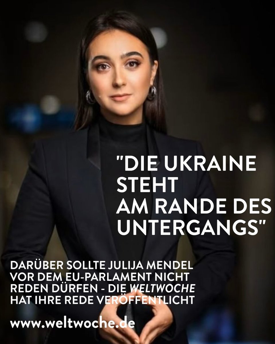 juttafreitag6's tweet photo. „Die Ukraine steht am Rande des Untergangs“ – das sagte Julija Mendel, Selenskyjs ehemalige Pressesprecherin, am 16. September im EU-Parlament in Straßburg. Die Ukrainerin plädiert darum für Gespräche mit Russland. Mendel sollte bei einer von der AfD organisierten Veranstaltung als Rednerin auftreten. Der Zugang zum Plenarsaal wurde ihr jedoch verweigert. Die Organisatoren haben sie darum virtuell in die EU-Veranstaltung zugeschaltet. Die EU wies an, ihre Rede nicht zu übersetzen. - Das hat jetzt die Schweizer @weltwoche getan.
Hier der Link
https://t.co/1ospzhBdXO
Der Vorgang sagt sehr viel über die EU aus und dass sie genau wie die Politiker in Deutschland Angst vor der AfD  haben. Eine Ende des Krieges in der UKR wäre eine Katastrophe für die Machthaber der EU.