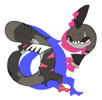 TheRango5's tweet photo. Punkrunch and Hakuza
The Vicious Cicle Pokémon
Dark/ Water

Based on a spanish saying about a fish biting its own tail as a paralel to recidivist bad habits, piranhas and moray eels, criminals and pompadours. Final stage has a hairbrush and its neck quickly retracts to catch pray https://t.co/zUd1TOMwOK