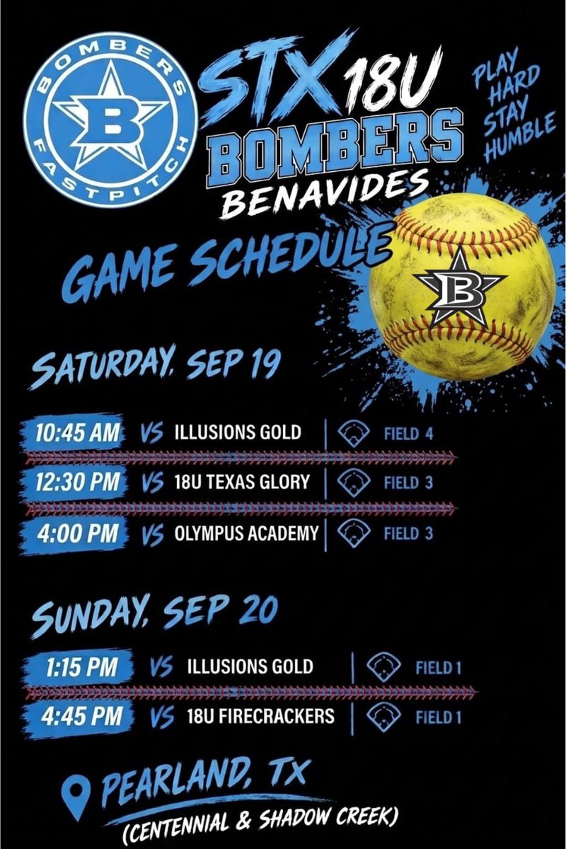 Benavides18u's tweet photo. College Coaches 
STX Bombers Benavides is ready for the Stars Over Texas Showcase this weekend!

📍 Pearland, TX
📅 Sept. 18–20

Come check out our 2027–2030 athletes!

@Fins_Softball @WTAMUSoftball @TylerJCsoftball @hputxsoftball @LeMoyneSoftball 

Coaches, come check us out! Feel free to DM me for player profiles, video, academic information, or recruiting contacts.

👤 Coach @CoachStitch13 

#SoftballRecruiting #CollegeSoftball #Fastpitch #SoftballShowcase #Uncommitted #Recruiting #STXBombers