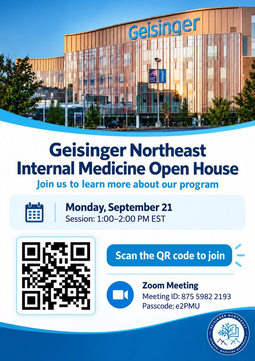 GeisingerNE_IM's tweet photo. Curious about our residency program ? Join us for a Virtual Open House.

📅 Sept 21, 2026
⏰ 1 PM EST
🆔 Meeting ID: 875 5982 2193
🔑 Passcode: e2PMU https://t.co/Y569pIUmsq