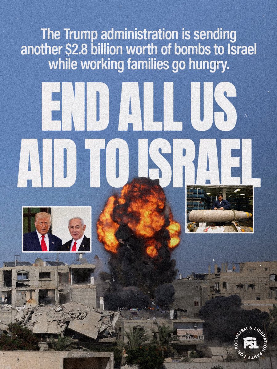 pslnational's tweet photo. The Trump administration just approved another $2.8 billion in arms sales to Israel. The deal includes 40,000 one ton bombs, the largest single sale of such weapons in years.
While working-class people go hungry and drown in student debt and medical bills, the billionaires who run this country prioritize feeding the U.S.-Israeli war machine. We say money for health care and education, not for genocide and occupation! 🇵🇸