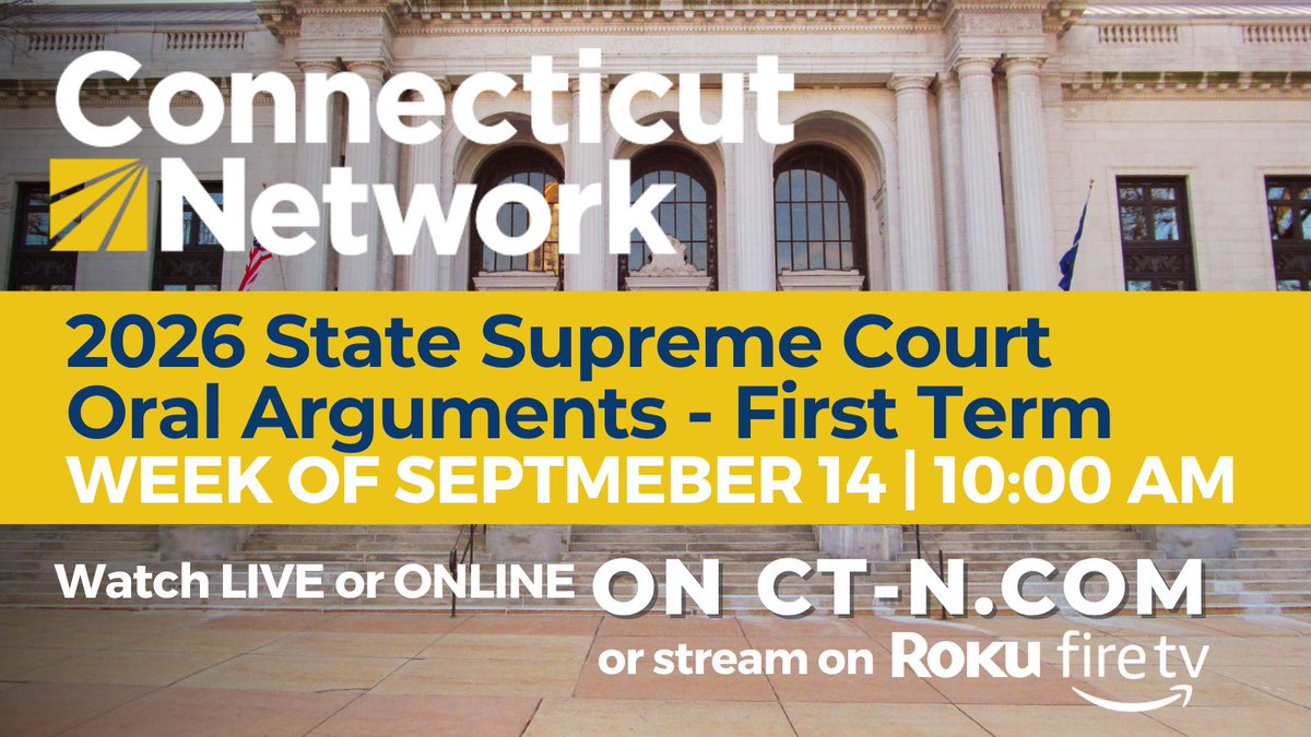CTNetworkTV's tweet photo. Did you know you can watch CT Supreme Court cases on CT_N? Supreme Court handles appeals from cases previously tried in Superior Court.  First Term proceedings are underway. To observe, click here: https://t.co/bj9iPy5eBd  https://t.co/bj9iPy5eBd   #ctnetwork #ctsupremecourt https://t.co/7thPikKd7F