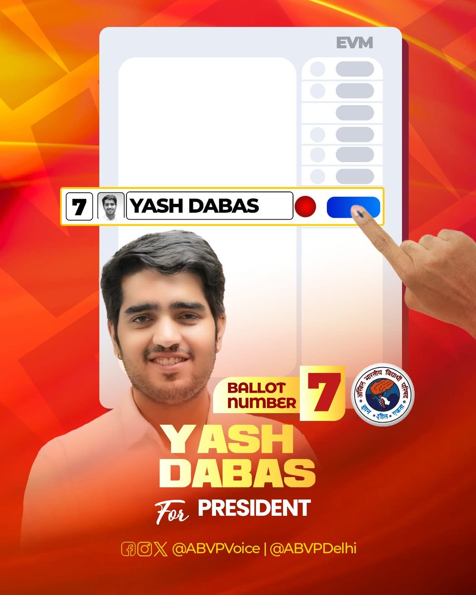 RAVIMEG67716732's tweet photo. Vote for the ABVP Panel - DUSU 2026: 7️⃣3️⃣3️⃣3️⃣
Yash Dabas - President 7️⃣
Ishu Maurya - Vice President 3️⃣
Riya Chhawdi - Secretary 3️⃣
Lakshay Raj Singh - Joint Secretary 3️⃣
 #ABVP7333 https://t.co/6ahxtk89J3