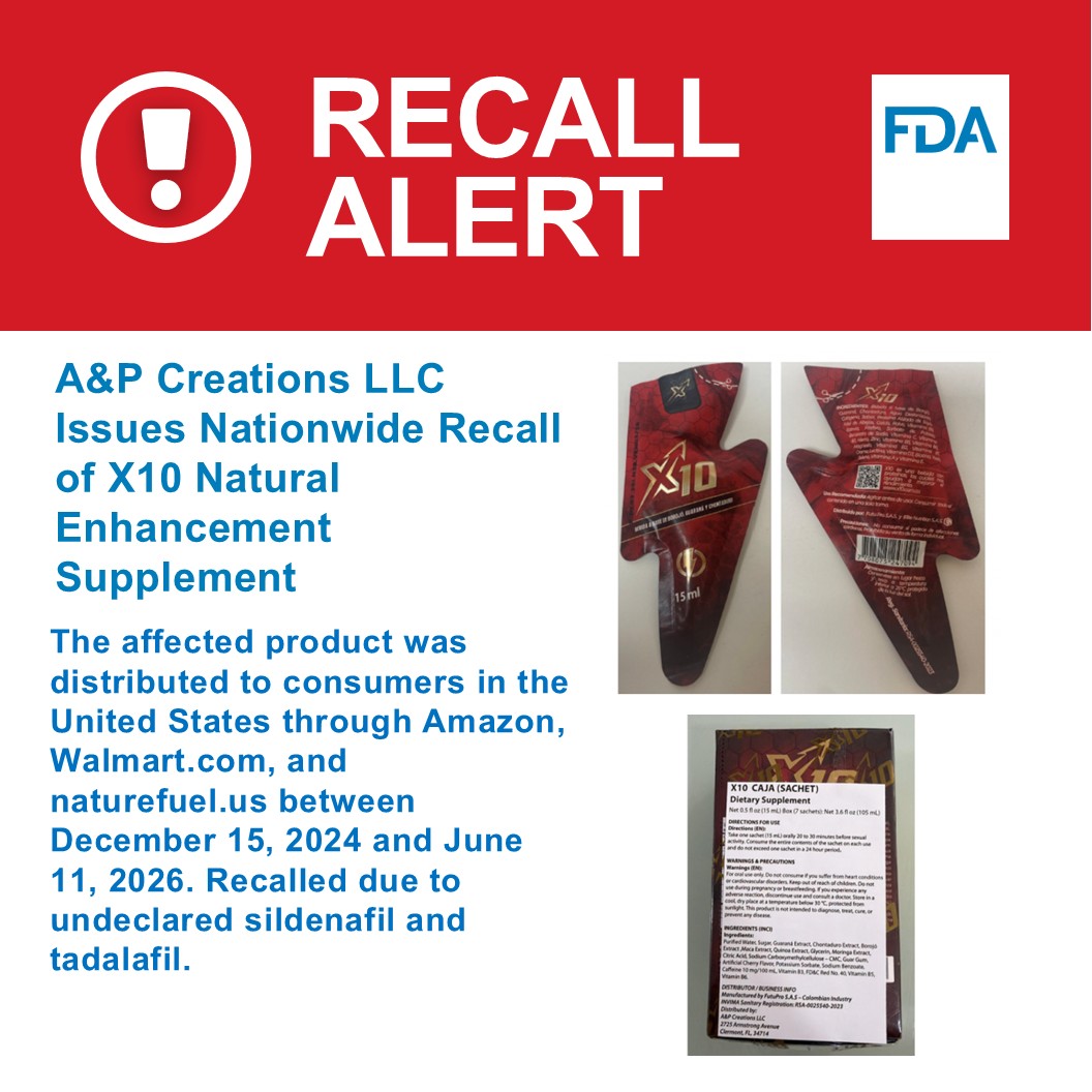 A&P Creations LLC is recalling X10 Natural Enhancement Supplement to the consumer level because it has been found to contain undeclared sildenafil and tadalafil.
The affected product was distributed to consumers in the United States through Amazon, Walmart.com, and naturefuel.us between December 15, 2024, and June 11, 2026.