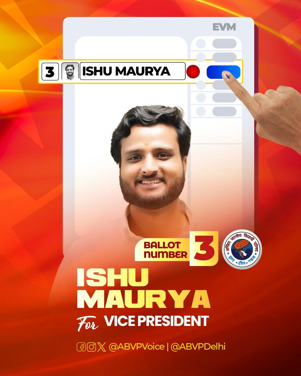 RAVIMEG67716732's tweet photo. Vote for the ABVP Panel - DUSU 2026: 7️⃣3️⃣3️⃣3️⃣
Yash Dabas - President 7️⃣
Ishu Maurya - Vice President 3️⃣
Riya Chhawdi - Secretary 3️⃣
Lakshay Raj Singh - Joint Secretary 3️⃣
 #ABVP7333 https://t.co/6ahxtk89J3
