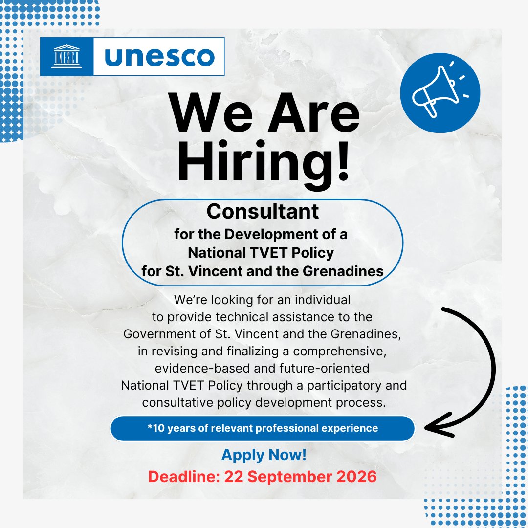 CaribbeanUnesco's tweet photo. 🇺🇳🏛️ UNESCO Office for the Caribbean @CaribbeanUnesco seeks to engage a consultant to provide technical assistance to the Government of St. Vincent and the Grenadines 🇻🇨 in revising and finalizing a comprehensive, evidence-based and future-oriented National TVET Policy. https://t.co/IToVcd7yVi