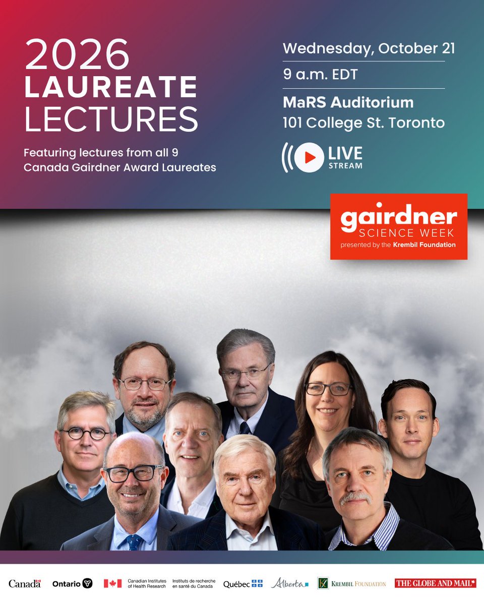 GairdnerAwards's tweet photo. We’re pleased to announce the titles for each of the 2026 Laureate Lecture presentations, taking place October 21 as part of #GairdnerScienceWeek 

📆 Wednesday, October 21
⏱️ 9:00 AM ET
📍 Toronto &amp; Online
🎟️ Free

🔗 Learn more &amp; register: https://t.co/L59REzr4gu 

(1/3) https://t.co/mnoQlwRjje