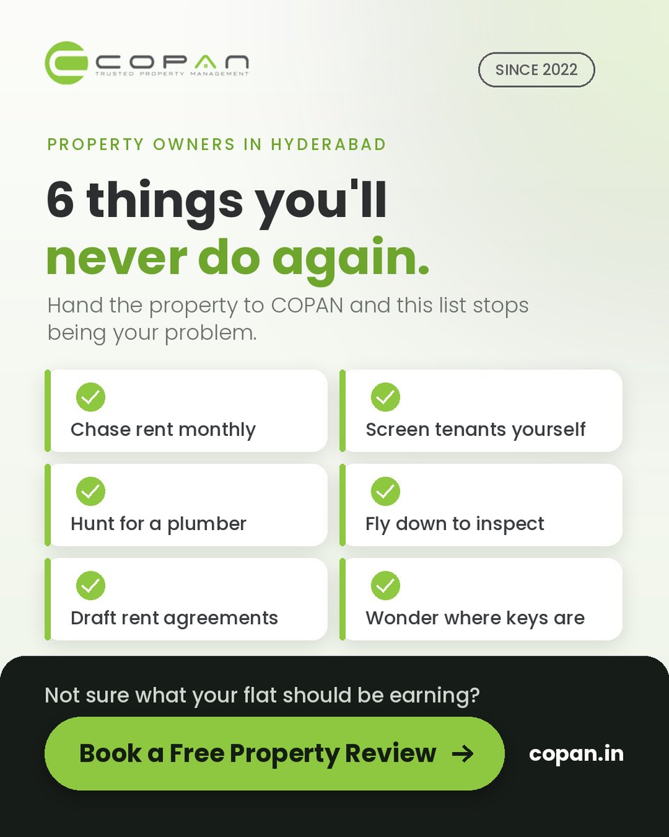 copan_property's tweet photo. Owning a property in Hyderabad shouldn’t mean chasing rent, screening tenants, finding plumbers, or flying down for inspections.

With COPAN, professional property management takes care of it for you.

Own the property. Leave the management to COPAN. https://t.co/WbFYQSq6gf