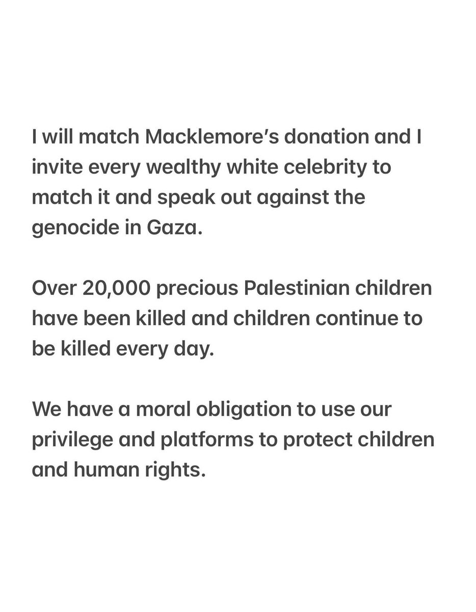 PopBase's tweet photo. Ms. Rachel announces she’s matching Macklemore’s $1 million donation in support of Palestine:

“I will match Macklemore's donation and I invite every wealthy white celebrity to match it and speak out against the genocide in Gaza.

Over 20,000 precious Palestinian children have been killed and children continue to be killed every day.

We have a moral obligation to use our privilege and platforms to protect children and human rights.”