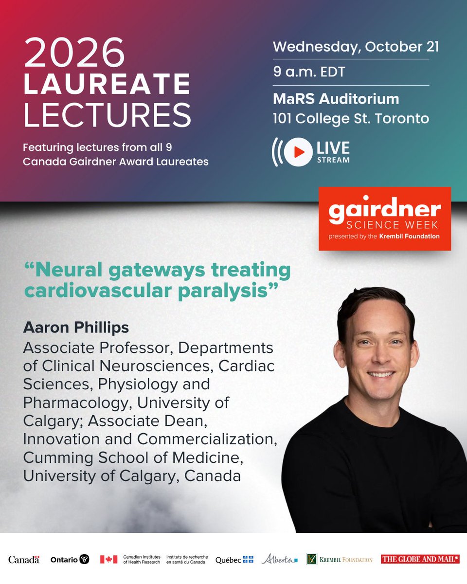 GairdnerAwards's tweet photo. We’re pleased to announce the titles for each of the 2026 Laureate Lecture presentations, taking place October 21 as part of #GairdnerScienceWeek 

📆 Wednesday, October 21
⏱️ 9:00 AM ET
📍 Toronto &amp; Online
🎟️ Free

🔗 Learn more &amp; register: https://t.co/L59REzr4gu 

(1/3) https://t.co/mnoQlwRjje