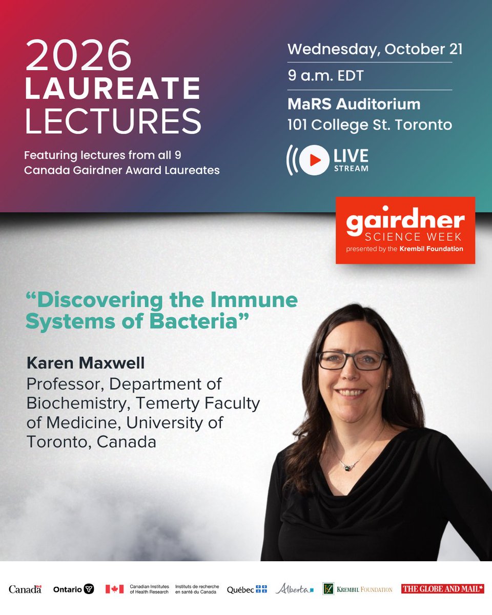 GairdnerAwards's tweet photo. We’re pleased to announce the titles for each of the 2026 Laureate Lecture presentations, taking place October 21 as part of #GairdnerScienceWeek 

📆 Wednesday, October 21
⏱️ 9:00 AM ET
📍 Toronto &amp; Online
🎟️ Free

🔗 Learn more &amp; register: https://t.co/L59REzr4gu 

(1/3) https://t.co/mnoQlwRjje