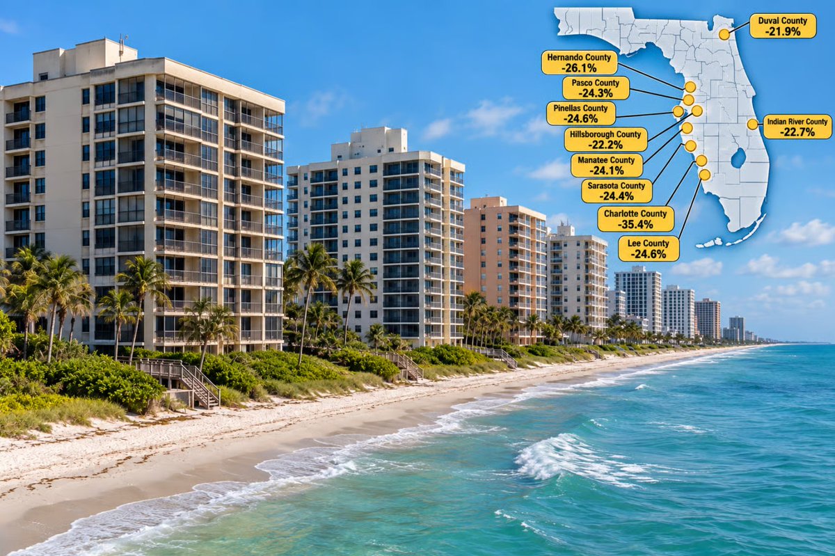 ResiClub_HQ's tweet photo. Among Florida counties, these 5 have seen the biggest condo home price declines since their 2022 peak:

1. Charlotte County -> -35.4%
2. Hernando County -> -26.1% 
3. Lee County, FL -> -24.6%
4. Pinellas County, FL -> -24.6%
5. Sarasota County, FL -> -24.4% https://t.co/l3cNedjz91