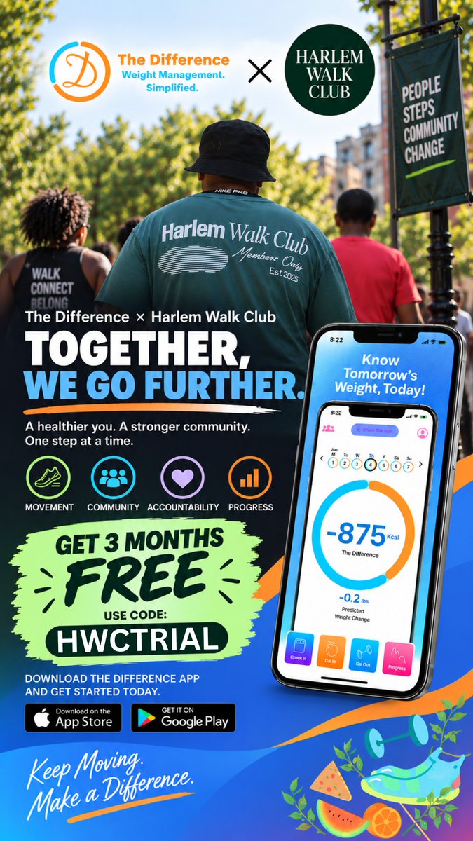 TheDiffApp's tweet photo. This Saturday, we're walking Harlem together. πΆπΎββοΈπΆπΎββοΈ
The Difference x Harlem Walk Club β 10 AM, Malcolm X Blvd & 110th St.
Harlem Walk Club members get 3 months FREE on The Difference App Premium β code HWCTRIAL.
Pull up. Walk with us.
#SeeTheDifference #HarlemWalkClub #NYCFitness https://t.co/0EfGtCqtuo