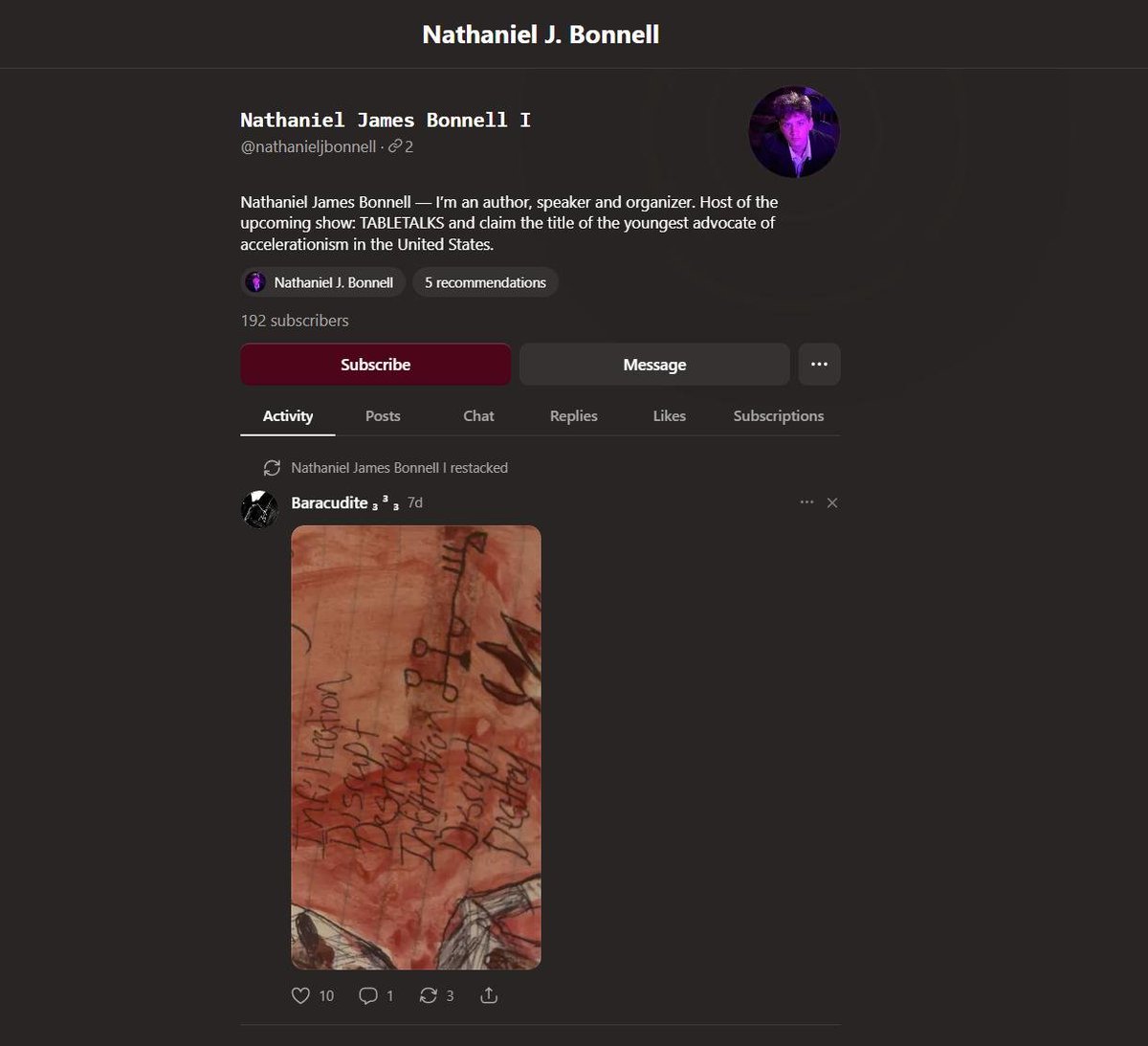 bx_on_x's tweet photo. This is so CRAZY that I can't believe I'm about to report it. 

Everyone has known for awhile that Destiny @TheOmniLiberal's 16-year-old son Nathan Bonnell is an open National Socialist, but it appears he has recently begun to associate with the Satanic accelerationist cult O9A. 

A couple of months ago Nathan posted about an Atomwaffen Division spin off group called Aktion Division. Just in the past couple of weeks he has posted his affiliation with MKY, an O9A linked murder cult from Eastern Europe, and is currently reposting O9A slop on his Substack. 

MKY is a dangerous foreign terror entity with deep ties to Ukraine and Russia, and the O9A accounts Nathan is affiliating with are part of the ultraviolent Tempel ov Blood and Satanic Front splinter factions.

Many of you know about my historical feud with Destiny - mainly, the way he attacked and trolled me for reporting on mass shooters and satanic pedo rings. 

Now his son is affiliating with them (Time is a flat circle.) 

This is the type of online footprint we tend to find in the aftermath of a terror attack or mass shooting. From the looks of his latest posts, it's possible the feds are already investigating him.

Beef aside, I sincerely hope everyone involved in Nathan's care takes this very seriously. 

1st pic - Nathan reposting a known O9A account's image of a blood oath to the O9A dark god "Vindex"

2nd pic - Nathan made an Aktion Division post with a reference to MKY (also called MMC) which is affiliated with Tempel ov Blood/Satanic Front. 

3rd pic - Nathan claimed to have been visited by the feds for associating with terrorists.

4th pic - Nathan posting accelerationist terror-slop and doing the "OK" salute with a Siege mask.