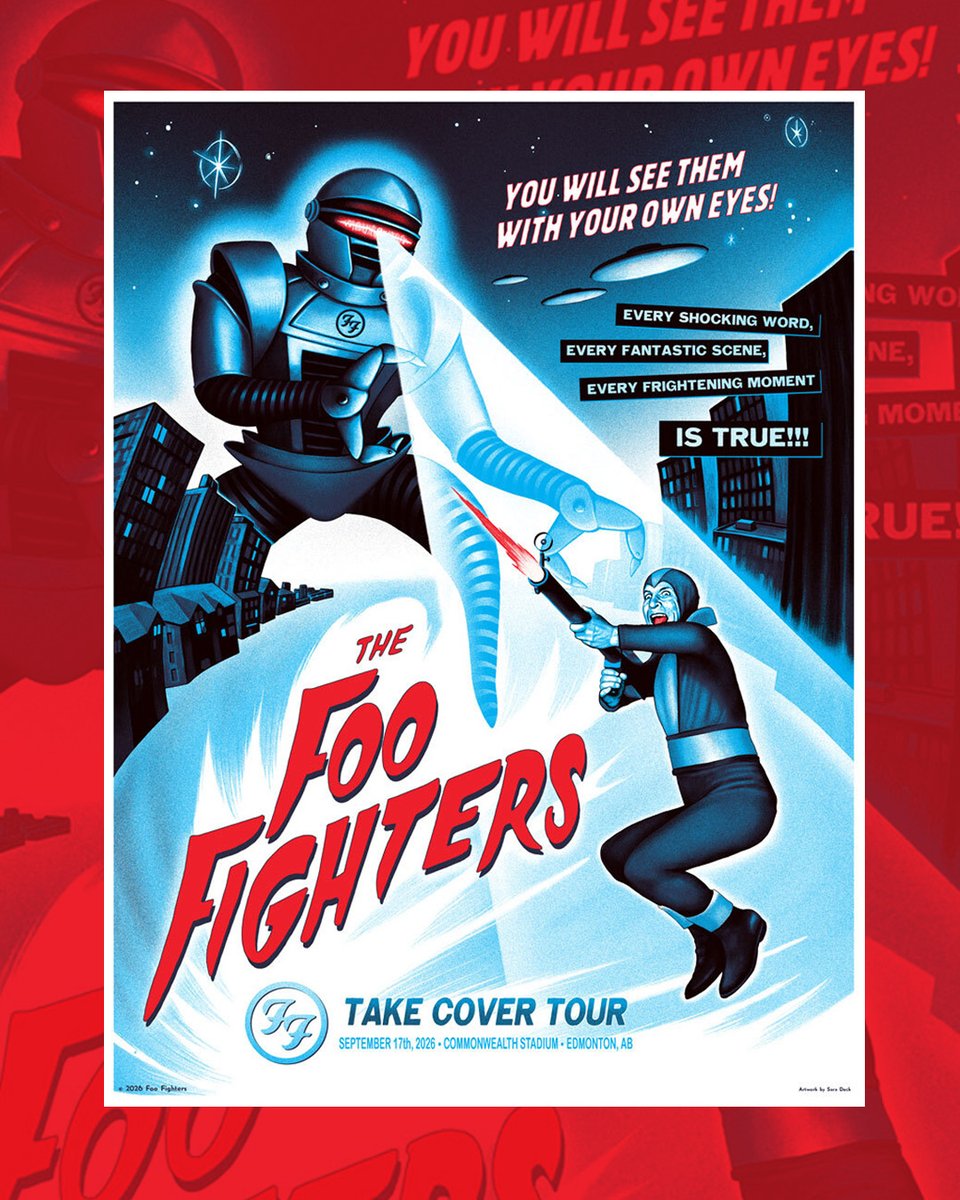 foofighters's tweet photo. EDMONTON! ARE YOU READY???
Commonwealth Stadium
🎟️ https://t.co/vadtqr9lza

4:00pm  Doors Open
5:30pm  Mannequin Pussy
6:30pm  @qotsa 
8:00pm  #FooFighters

Early merch shopping will be open at noon in two locations:
- Gate 10, off Stadium Rd NE
- Gate 6, Northwest corner of the stadium, off 112 Ave. NW

Poster art by Sara Deck
#FF2026