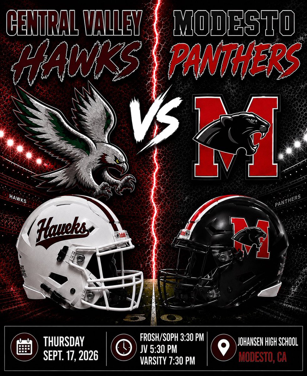 CVHawks_FBall's tweet photo. 🏈 GAME DAY 🏈

Central Valley vs. Modesto High tonight!

Frosh/Soph • 3:30 PM
JV • 5:30 PM
Varsity • 7:30 PM

📍 Johansen High School

Come out and support the Hawks! 🦅🏈

#GoHawks #CVFootball #GameDay https://t.co/25vBZrUbkU