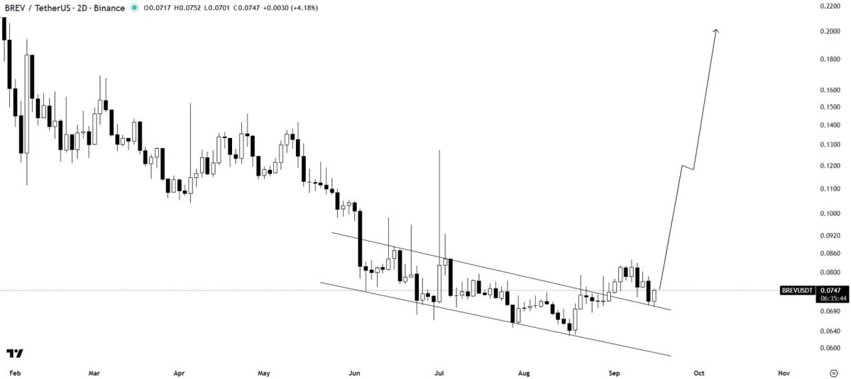 TradingVaultQ's tweet photo. $BREV/USDT  The descending channel breakout is confirmed, and the successful retest is adding strength to the setup. Price now looks primed for a powerful upside move, something exciting could be loading🚀 https://t.co/NxNWvB4jU8