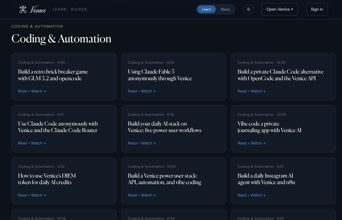 ErikVoorhees's tweet photo. Most people are unaware of all the tools and capabilities within Venice

Our new Learn page has over 50 longform + video tutorials, from how to set up Hermes Agent with private inference on any model, to automating AI filmmaking with a custom video harness... 

https://t.co/dArbcj6WwR

@AskVenice