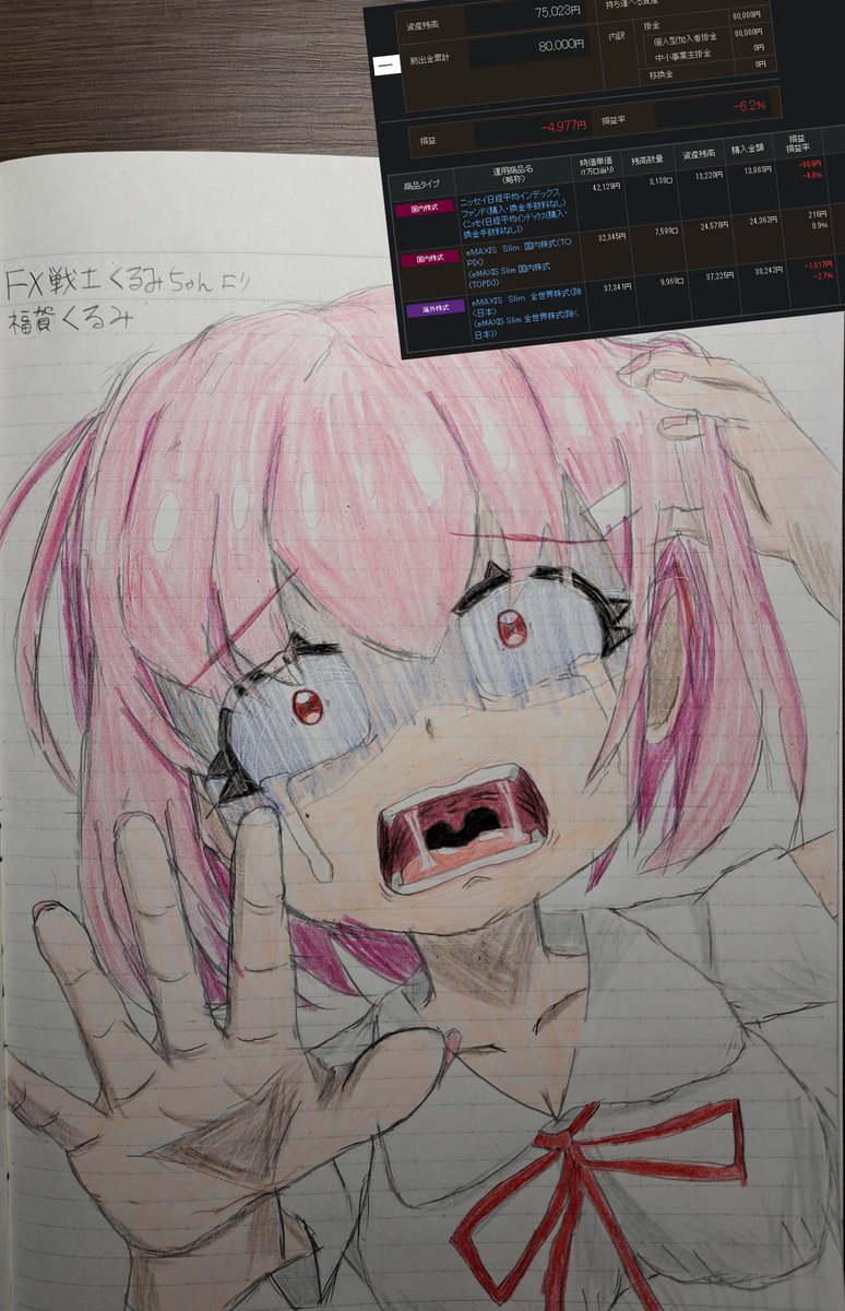 KomHilo's tweet photo. 落書き13日目(分)
#FX戦士くるみちゃん より絶望顔の #福賀くるみ を描きました
右上は多分円高のせいで絶賛下落中のiDeCo残高です
オルカンは為替リスクがあるから実質FXだ =▽=;/
強制ロスカットとか無いし、ドルコスト平均法とか長期運用とかだから大丈夫だよ…多分… =▽=;/
#fanart https://t.co/pa1xQ9xXrL