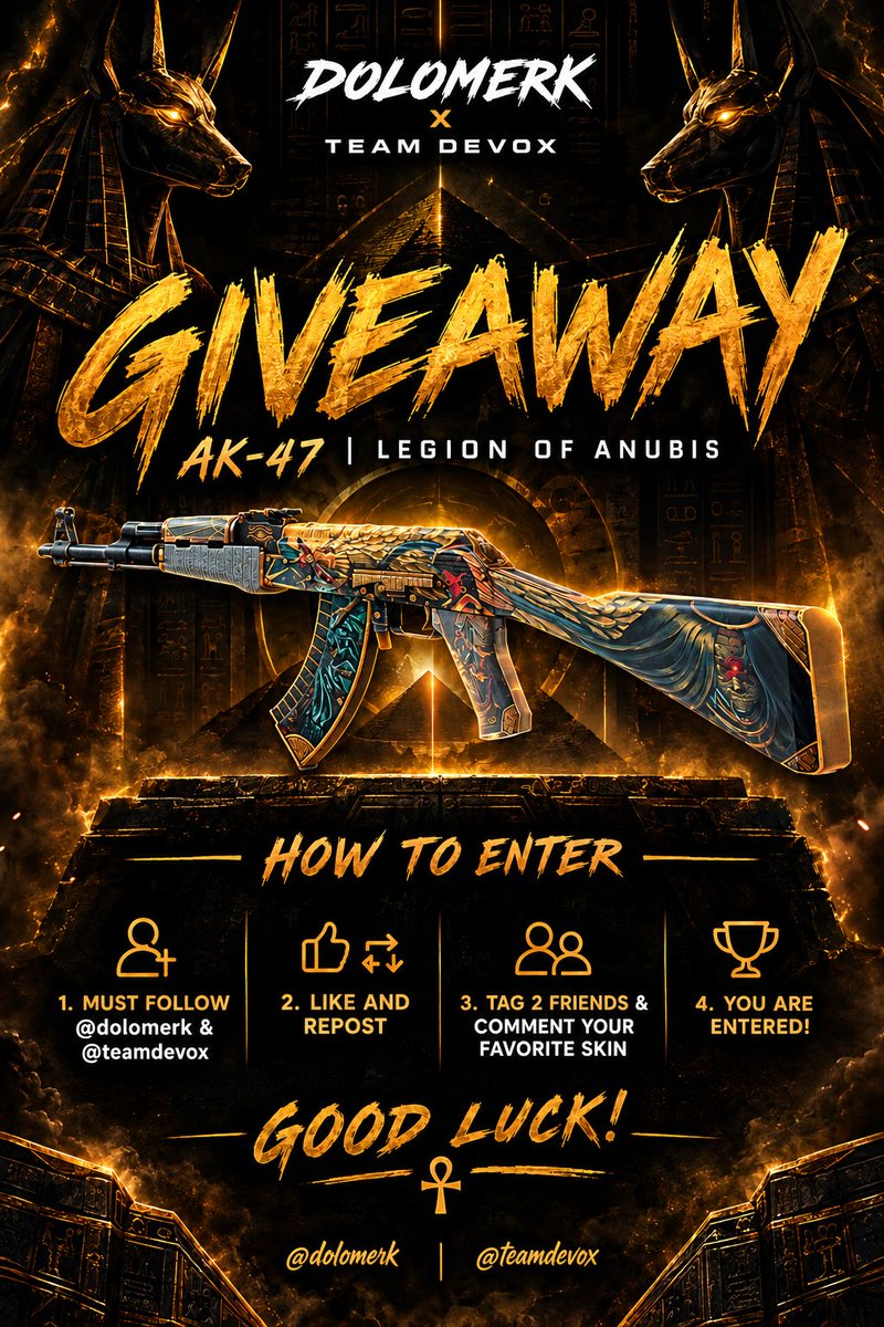dolomerk's tweet photo. 🔥 AK-47 | Legion of Anubis Giveaway 🔥
Win this legendary CS2 skin! 🏆

To enter:
• Follow @dolomerk &amp; @teamdevox
• Like + Repost
• Tag 2 friends
• Comment your favorite CS2 skin

Good luck! ⚔️
#CS2 #Giveaway #TeamDeVox  #CounterStrike2 #CS2Giveaway #Giveaway #LegionOfAnubis https://t.co/oR3nvShR5O