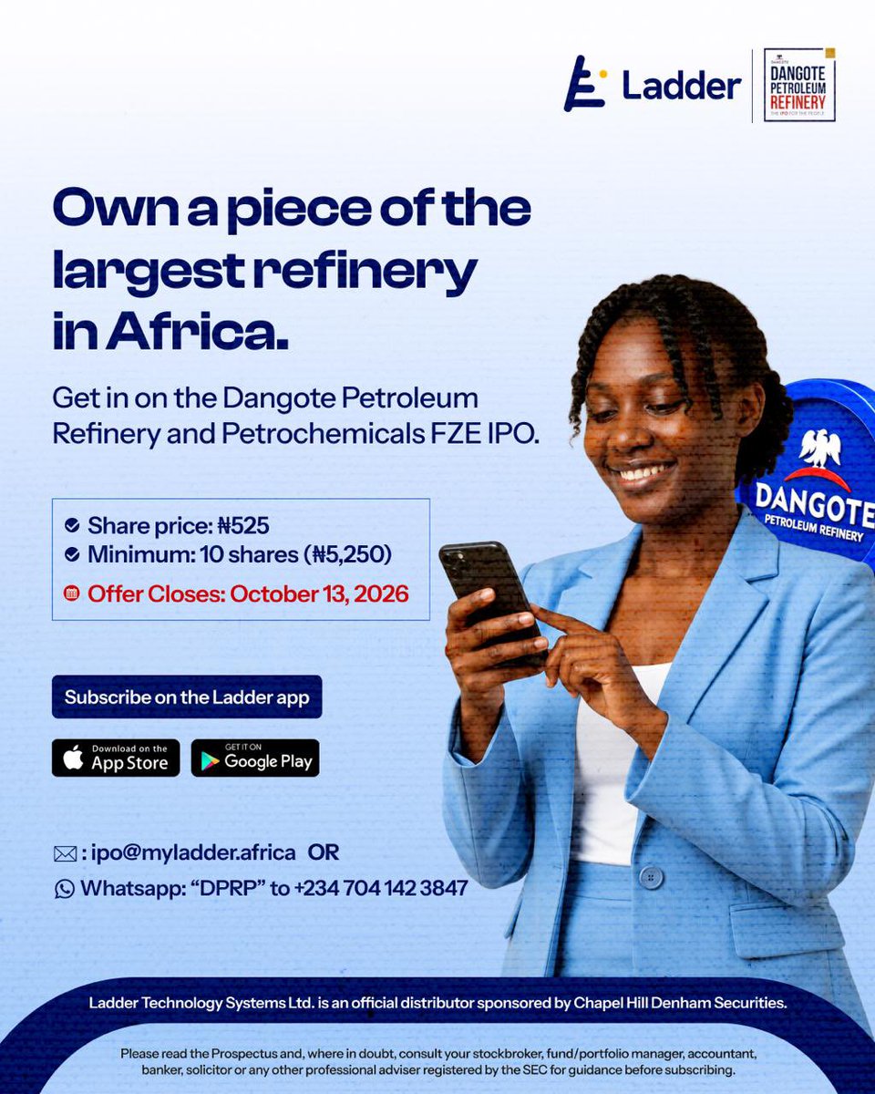 ladder_hq's tweet photo. Are you in the diaspora? 🌎 
You’re not left out of the Dangote Refinery IPO with Ladder

Email-  ipo@myladder.africa to get your account ready. 

Offer closes October 13.
Understand it. Decide for yourself. https://t.co/BUGnSdFXfY