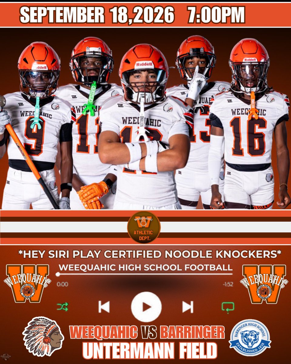 WeequahicHSFB's tweet photo. CITY LIGHTS. HOME TURF. 🟠🟤

Weequahic vs. Barringer
📅 September 18
⏰ 7:00 PM
📍 Weequahic High School
Another Brick City matchup. Defend the house.
#WeequahicFootball #NewarkFootball #DefendTheHouse https://t.co/8ouyptECSN