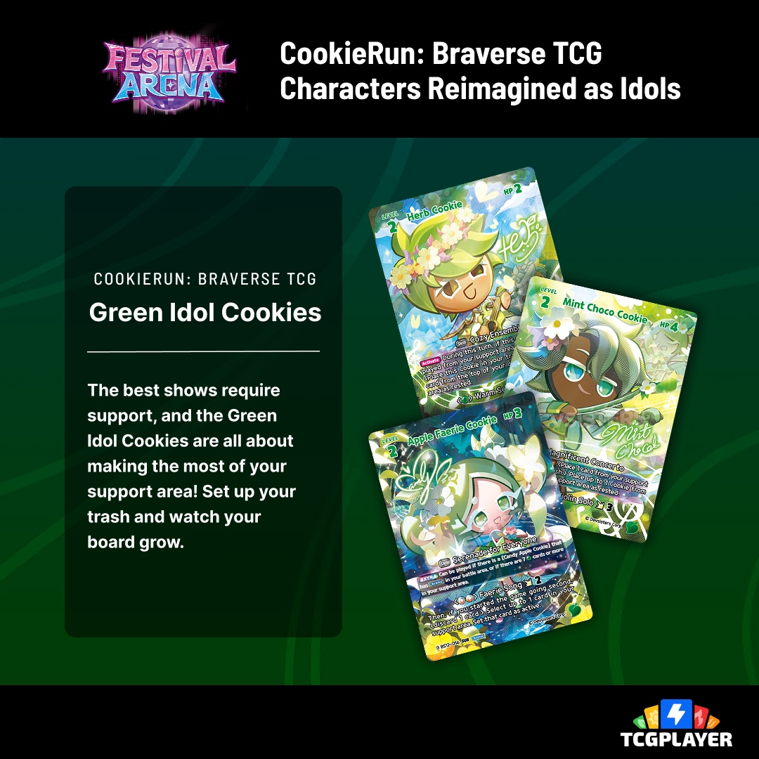 TCGplayer's tweet photo. 🍪 Get ready to rock out with an absolutely delicious performance! Idol cookies are coming to CookieRun Braverse TCG, and they're adding more than just flavor. Check out what these cards will do for your next build:

#CookieRunBraverseTCG #CookieRunTCG https://t.co/zg4QebQlnx