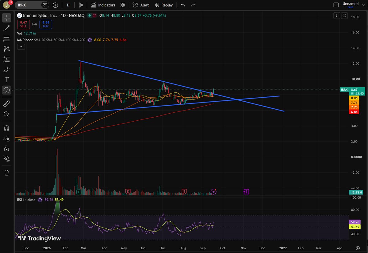 josefa75948548's tweet photo. $IBRX breaking out! 🚀

Symmetrical triangle wedge broken to the upside  Trading above all major MAs with strong RSI momentum
Continuation loading? 👀 https://t.co/o8hyyJjz0J