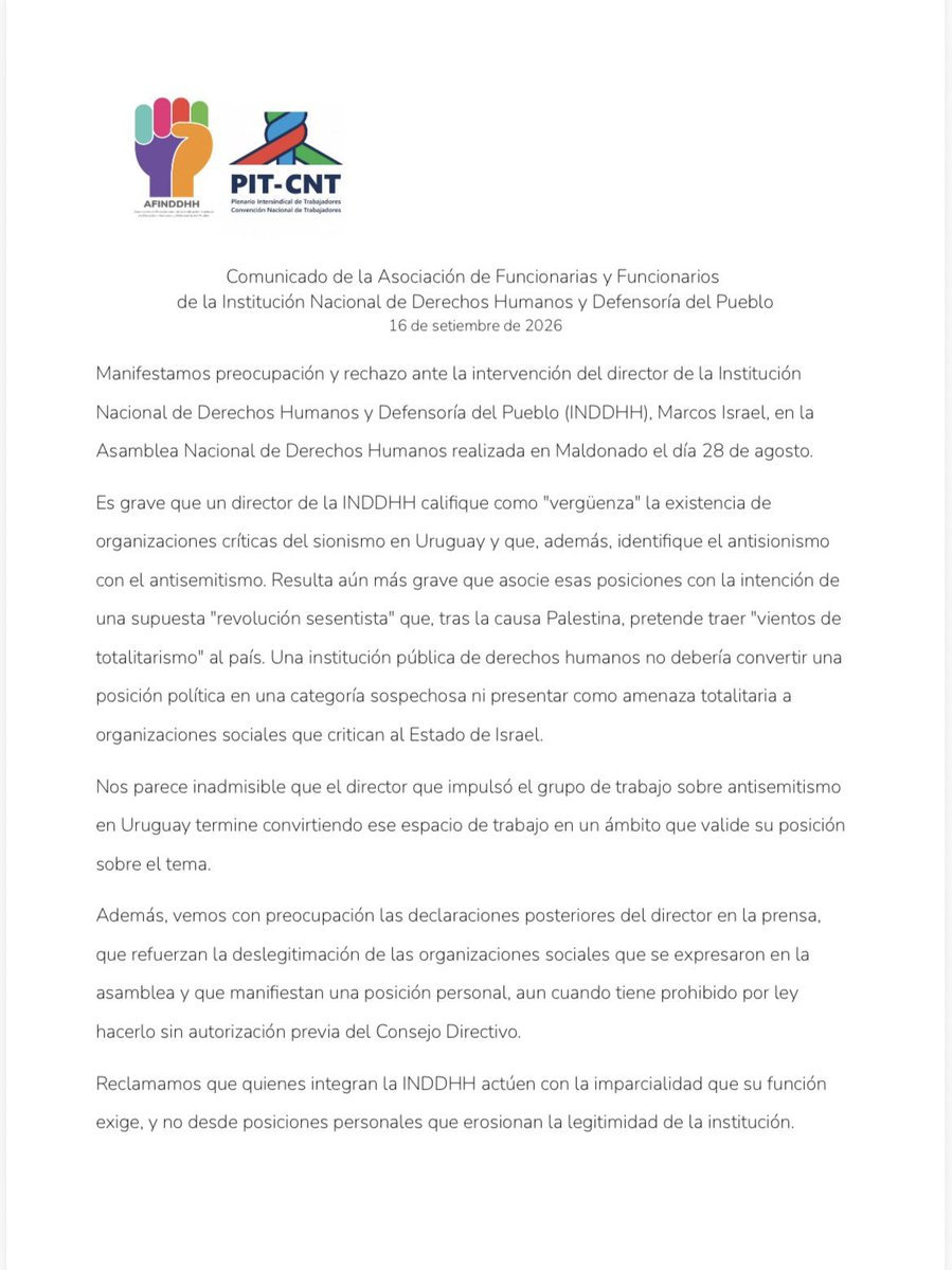 bds_uruguay's tweet photo. Comunicado de la @afinddhh ante la intervención del dir de la @inddhhuy #MarcosIsrael en la Asamblea Nacional de DDHH realizada en Maldonado el 28 de agosto, pasado.
#FueraIsraeldelaINDDHH https://t.co/SRWBi8QLux