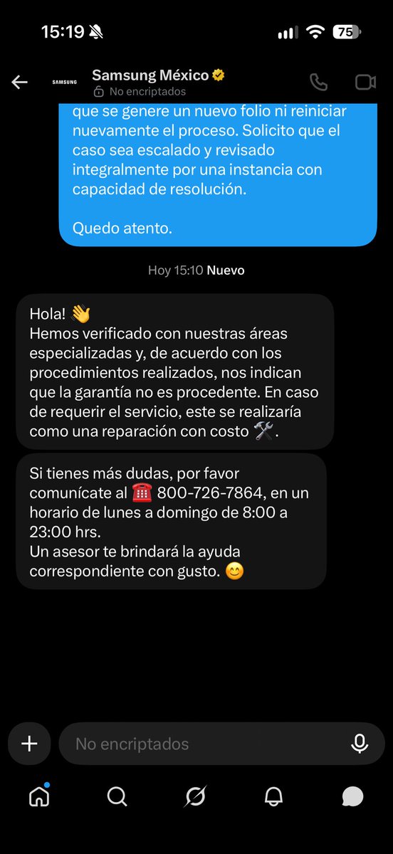 Dav_tazz's tweet photo. Gracias, @SamsungMexico.

Queda entonces documentado que, después de más de 45 días de seguimiento y de solicitar una revisión integral del caso, Samsung mantiene su negativa de garantía y determina que la reparación deberá ser pagada por el cliente.

Lo preocupante sigue siendo que Samsung reconoce técnicamente una “intervención previa”, mientras yo cuento con evidencia de que acudí al teléfono del centro de servicio que Samsung tenía publicado en su propia página oficial.

Ante esta resolución, continuaré el caso por las vías formales correspondientes ante @Profeco y @AtencionProfeco.

Folio: 3102775313.