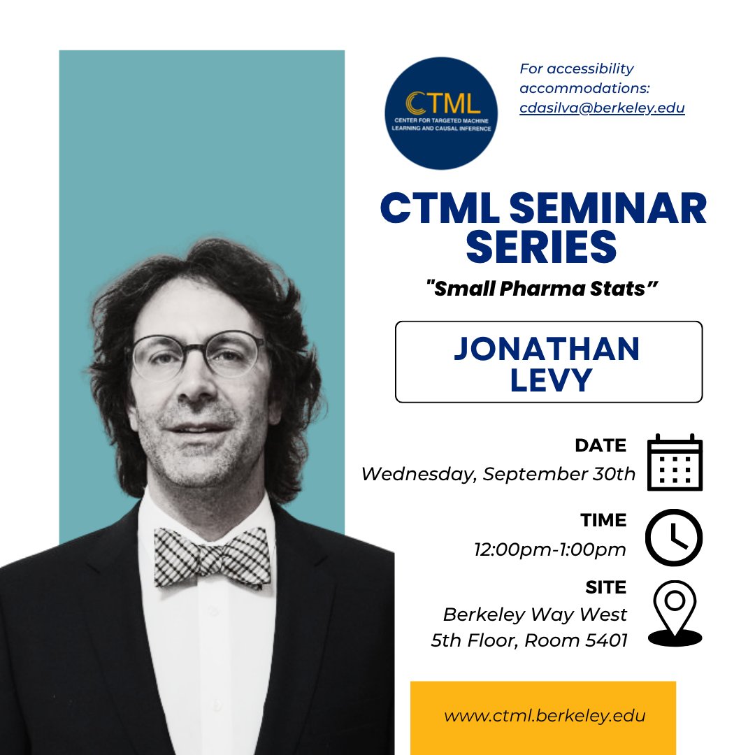 BerkeleyCTML's tweet photo. Join us on September 30th to welcome Jonathan Levy, Director of Biostatistics at Pharvaris, for his talk: "Small Pharma Stats". It will take place at 12:00PM at BWW, 5th Floor, Room 5401. It will be a survey of topics driven by statistics problems in the pharmaceutical industry. https://t.co/IVWVr1ta9v