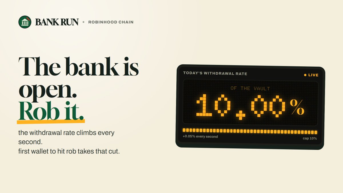 BANKRUNV's tweet photo. nobody deposits into this thing.

every buy and every sell pays 3% into the vault as eth.
 
it just sits there getting fatter until someone has the nerve to take it.  

the bank robs itself. you just show up with a bag.

CA: 0xdd7430cb1bf0974ac0c22321c815b329a4aac6fe https://t.co/rs3xrVOObk