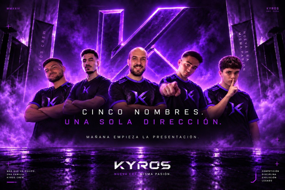 KYROS_ESPORTS's tweet photo. YA NO HAY SILUETAS. 👀🟣
Cinco jugadores.
Cinco historias.
Un solo equipo.
El legado continúa.
KYROS.
#KYROS #COD #Esports #CallOfDuty https://t.co/hMZVpe3dCj