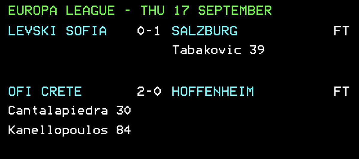 FC7897's tweet photo. FT in the 5:45 #UEL fixtures | #Salzburg take all three points against Levski Sofia, while OFI Crete secure an impressive 2-0 victory over Bundesliga side #Hoffenheim. #LSFRBS #OFITSG https://t.co/XEmTqYmV0S